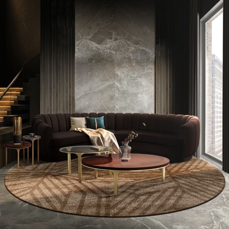 Curved Sectional Sofa: Channel Tufting and Marble Wall