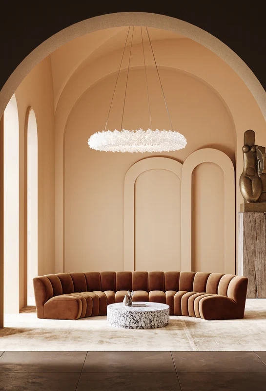 Curved Sectional Sofa in Terracotta with Vertical Channel Tufting