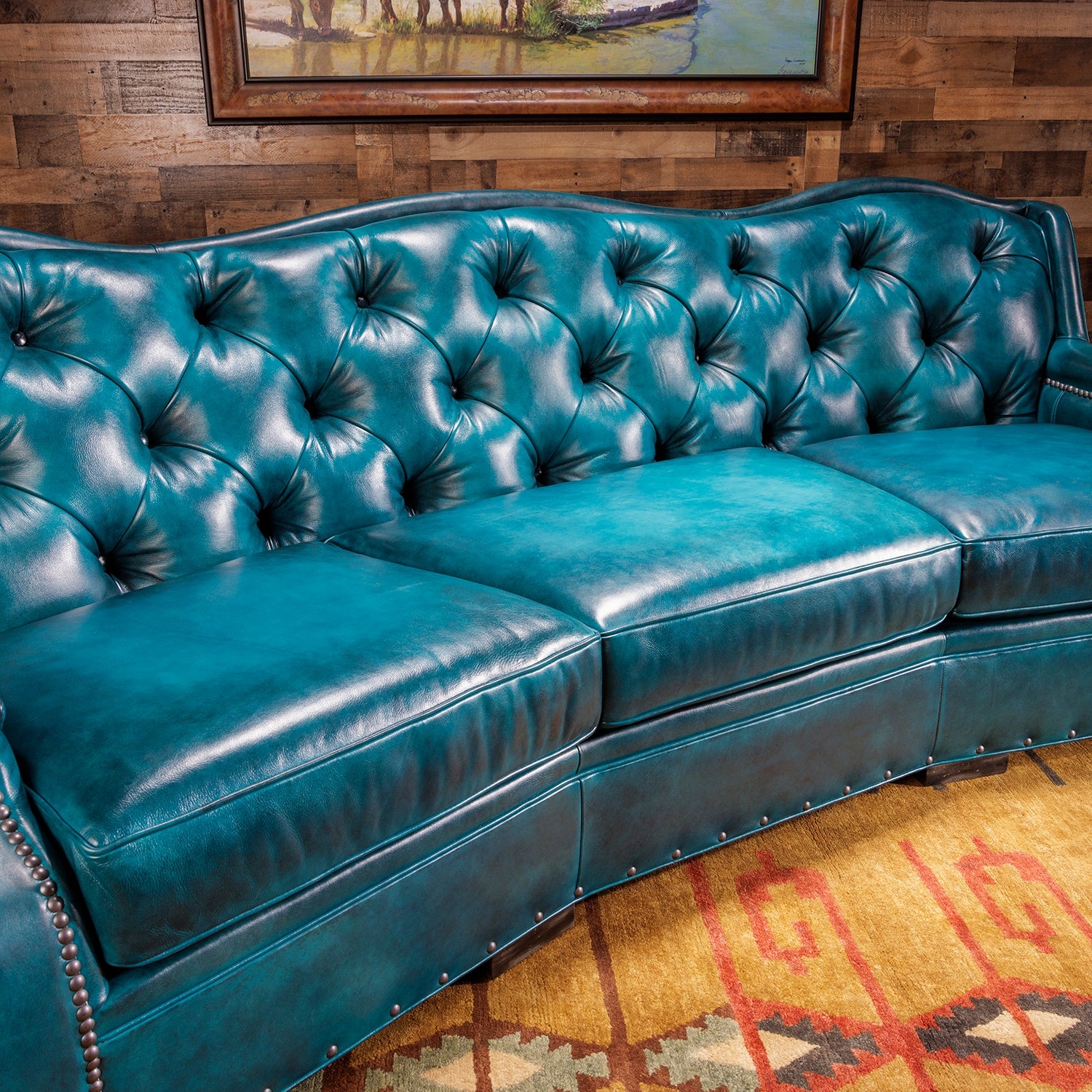 Curved Sofa Blue Diamond Tufted Back Lounge Seating