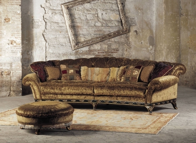 Curved Sofa: Bullion Fringe and Antique Gold Accents