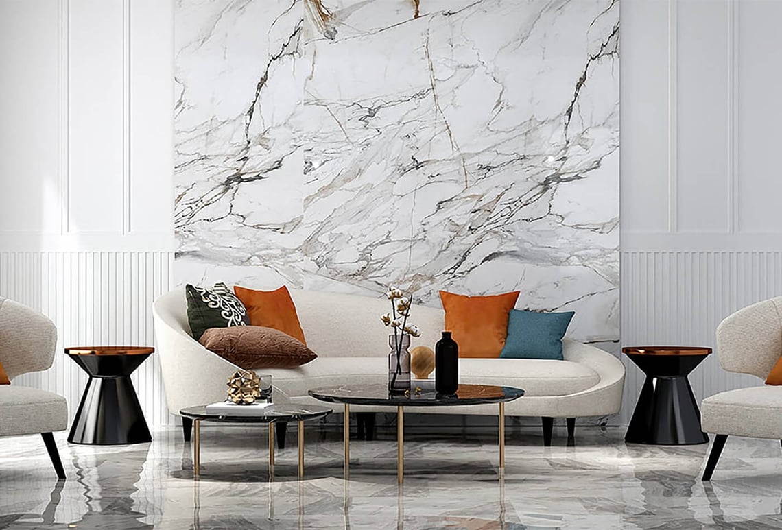 Curved Sofa Cream Silhouette and Marble Feature Wall Decor
