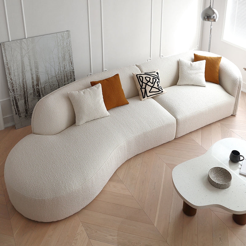Curved Sofa featuring White Bouclé Texture and Asymmetrical Curve