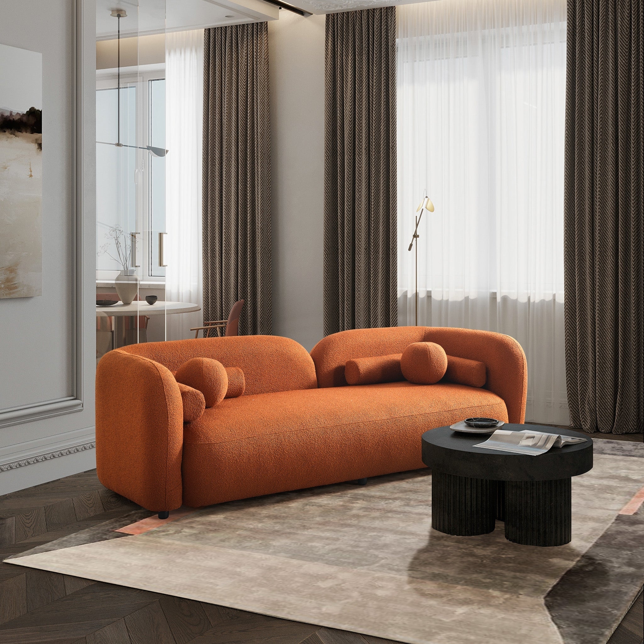 Curved Sofa in Burnt Orange Boucle with Low Profile