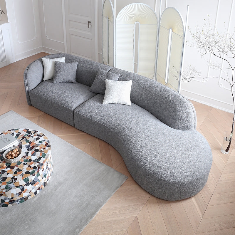 Curved Sofa in Heathered Gray with Nubby Texture Organic Shape