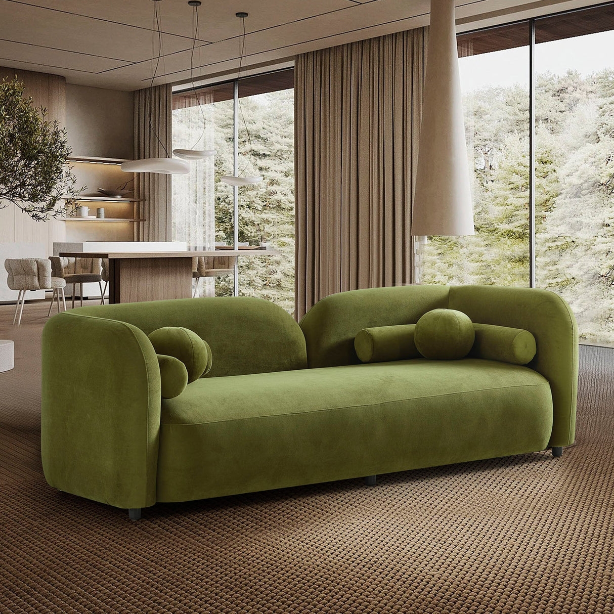 Curved Sofa Moss Green Velvet Japandi Organic Seating
