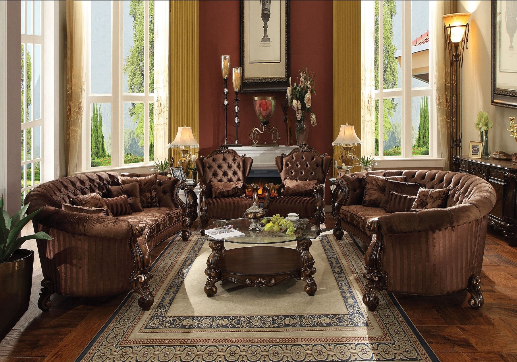 Curved Sofa: Ornate Carvings and Luxury Tufted Seating