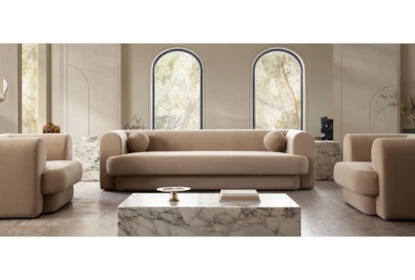 Curved Sofa Sphere Pillows Monolithic Marble Coffee Table