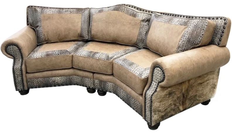 Curved Sofa with Embossed Crocodile Trim in Tan Leather