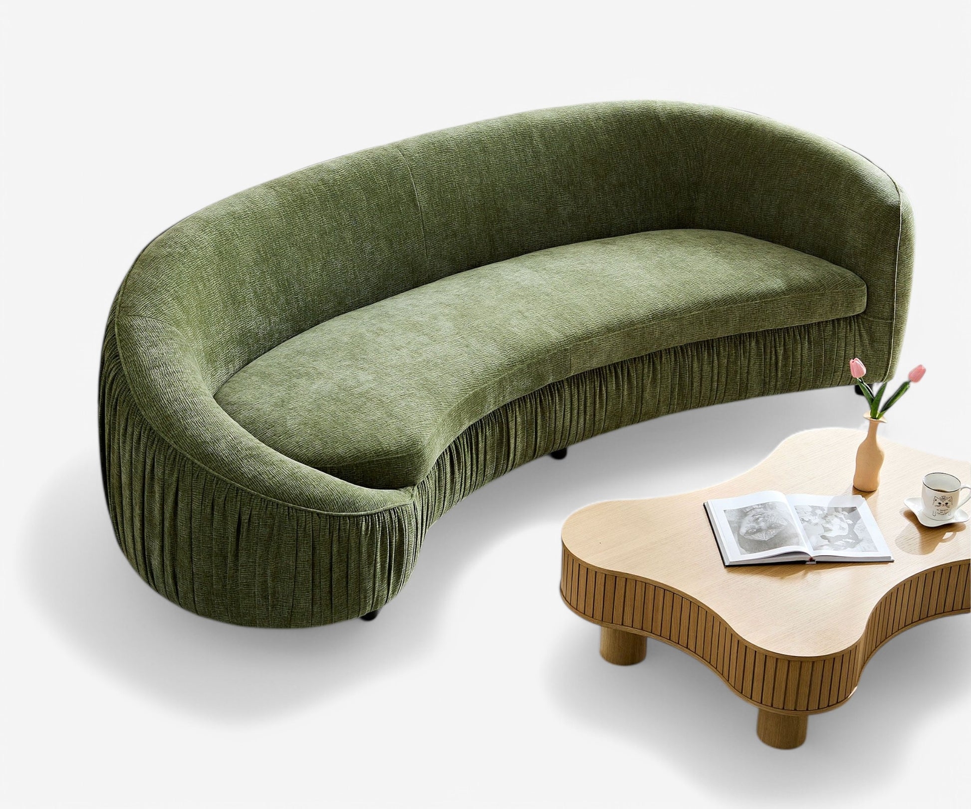 Curved Sofa with Pleated Skirt Base and Kidney Shape Silhouette