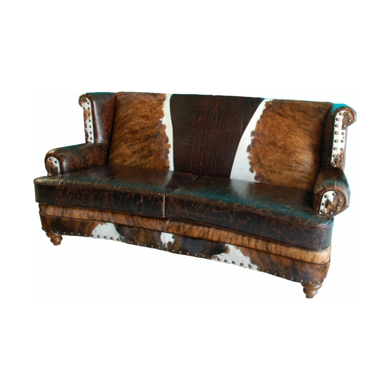 Curved Sofa with Wingback Arms and Natural Hide Panels