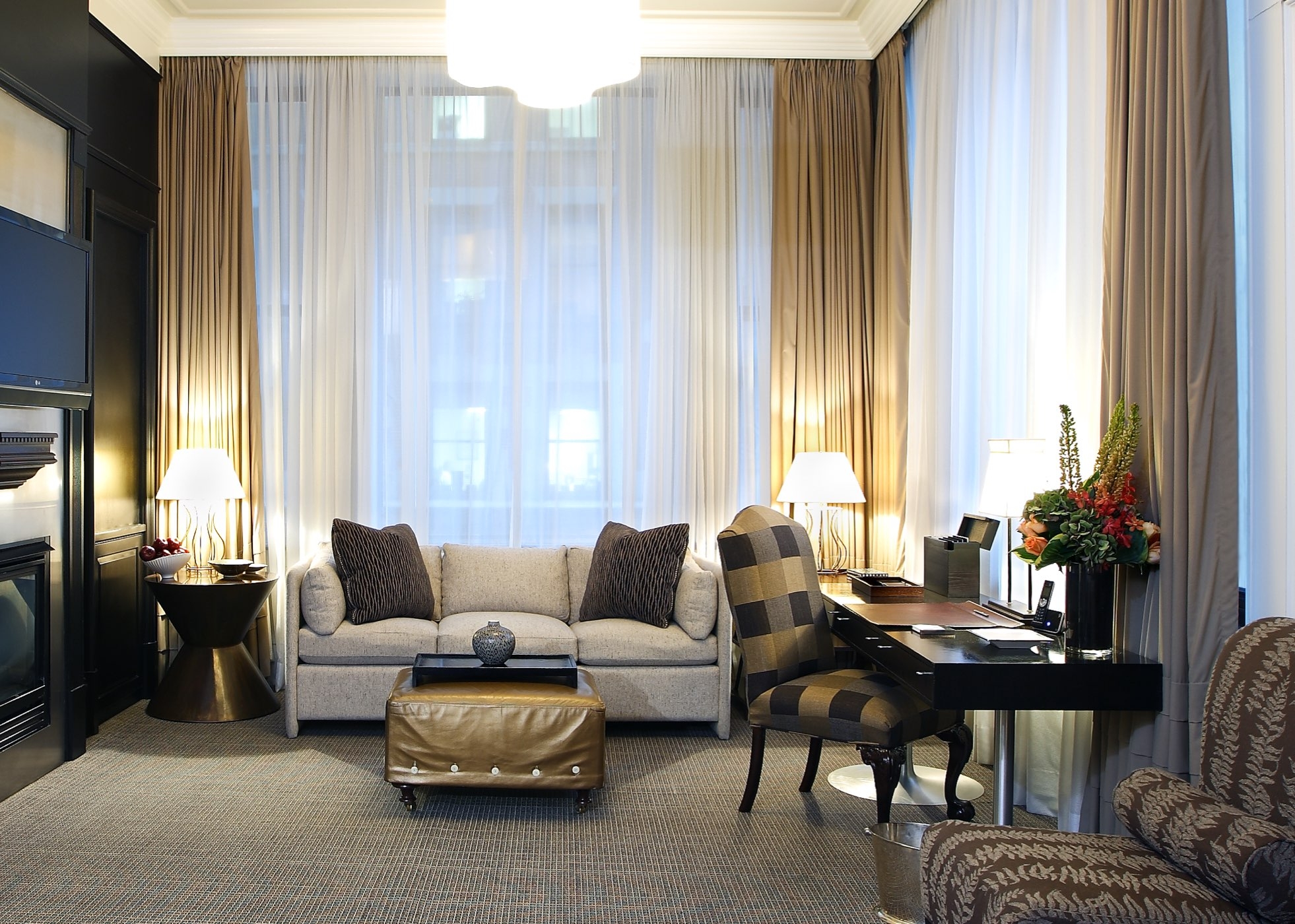 Custom Drapery Tan Layered Window Treatments Plaid Accent