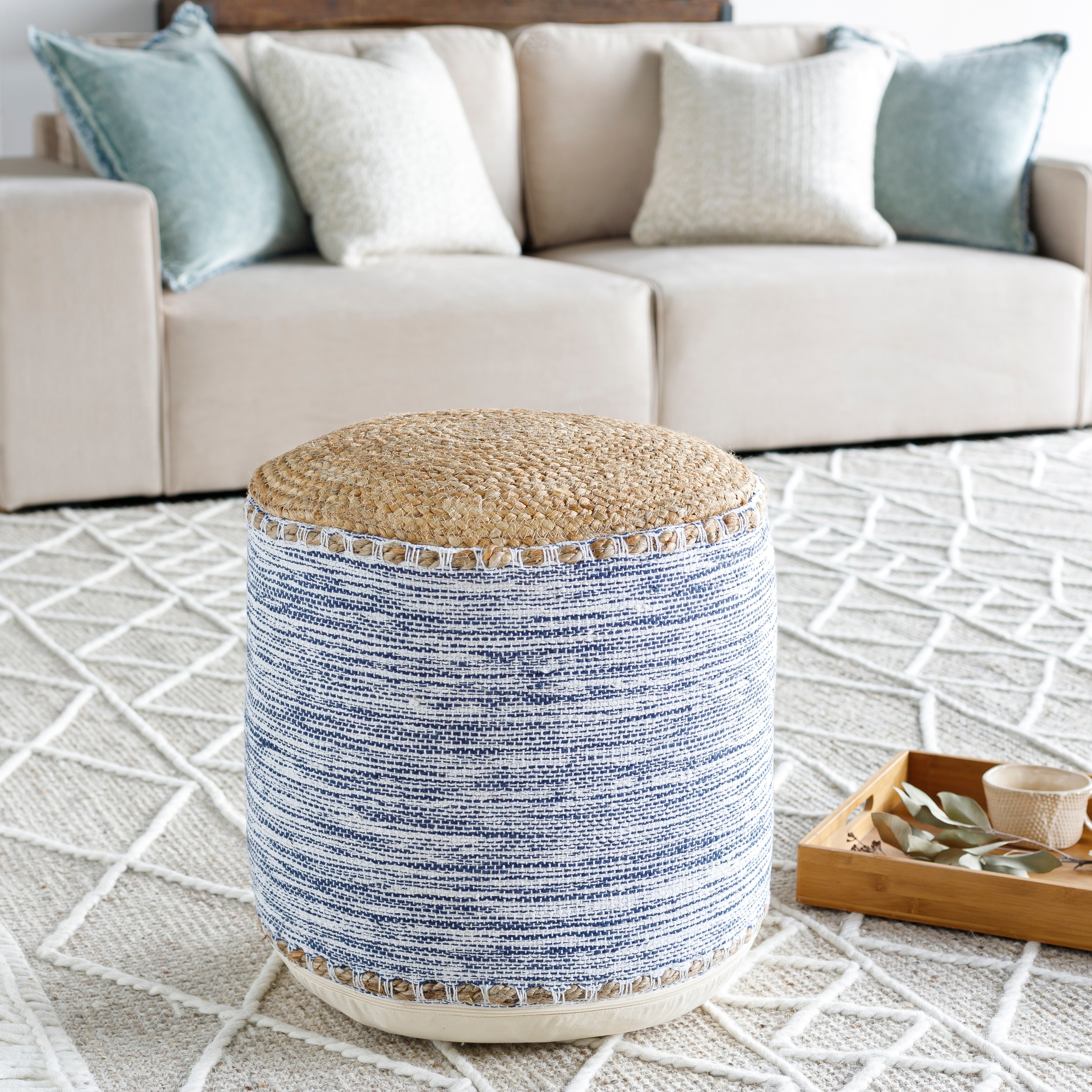 Cylinder Pouf Denim Blue Weave Woven Jute Top Border