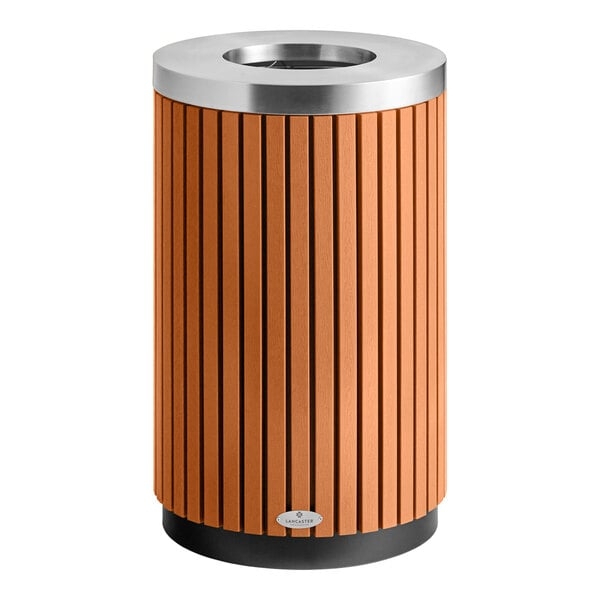 Cylindrical Outdoor Trash Can Wood Slat Waste Receptacle