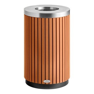 Cylindrical Outdoor Trash Can Wood Slat Waste Receptacle