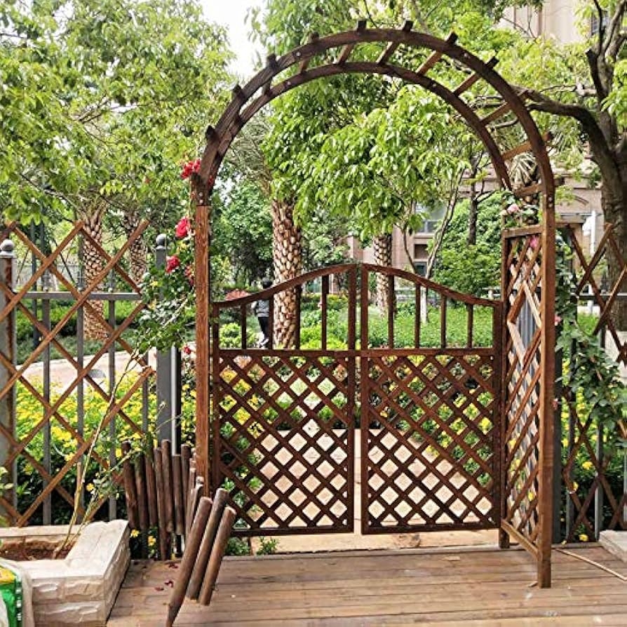 Dark Wood Garden Arch with Diamond Lattice Gate Arbor