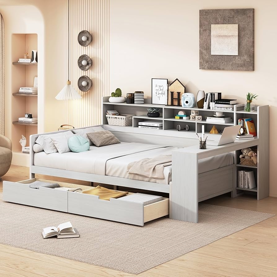 Daybed Antique White Integrated Desk Full Daybed Drawers