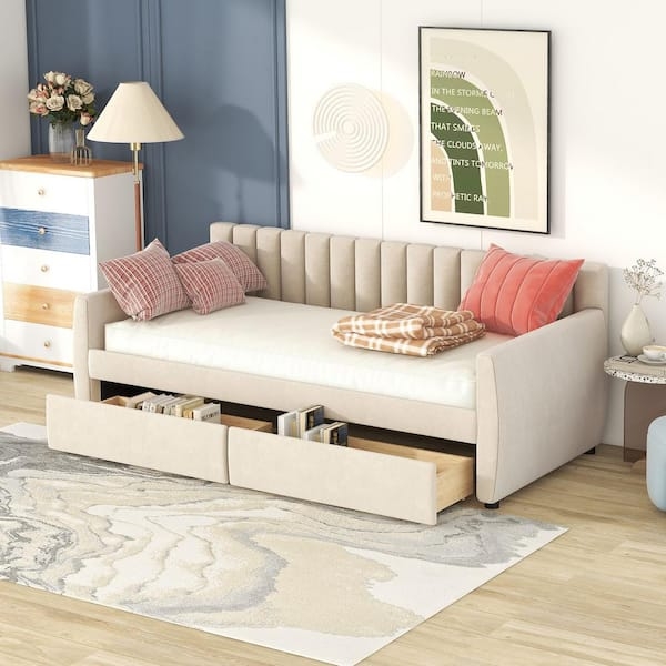 Daybed: Channel Tufting and Beige Velvet with Storage