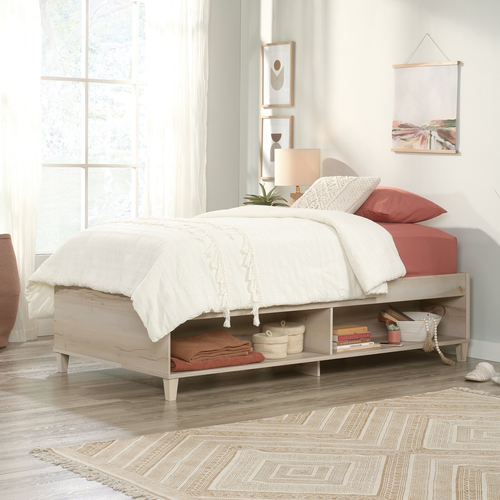 Daybed Frame: Integrated Shelving Whitewashed Finish