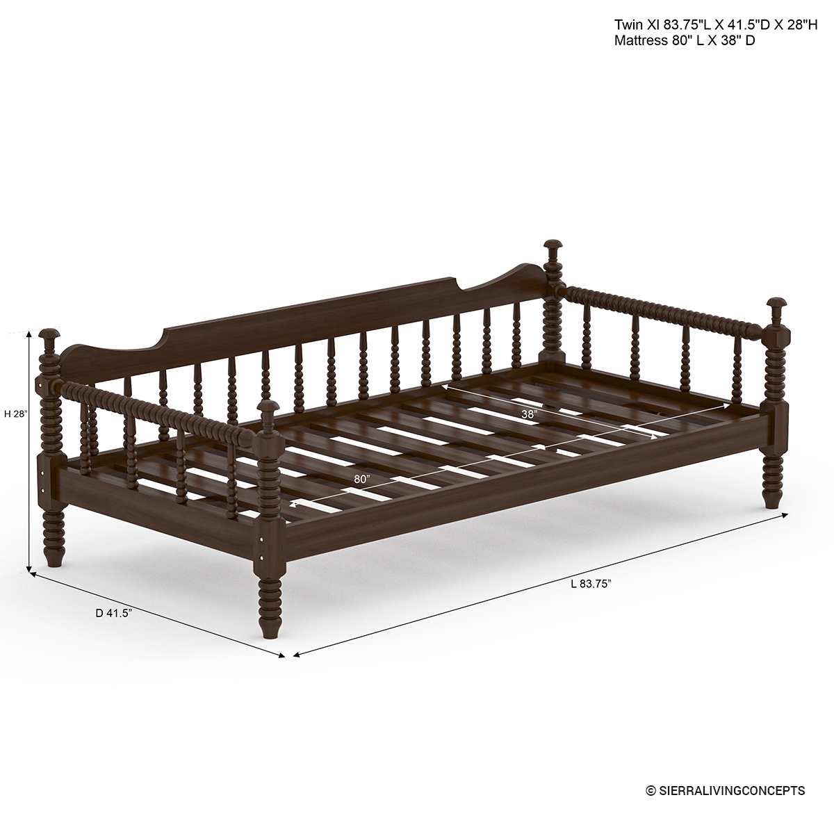 Daybed Frame: Spindled Rails and Turned Wood Legs