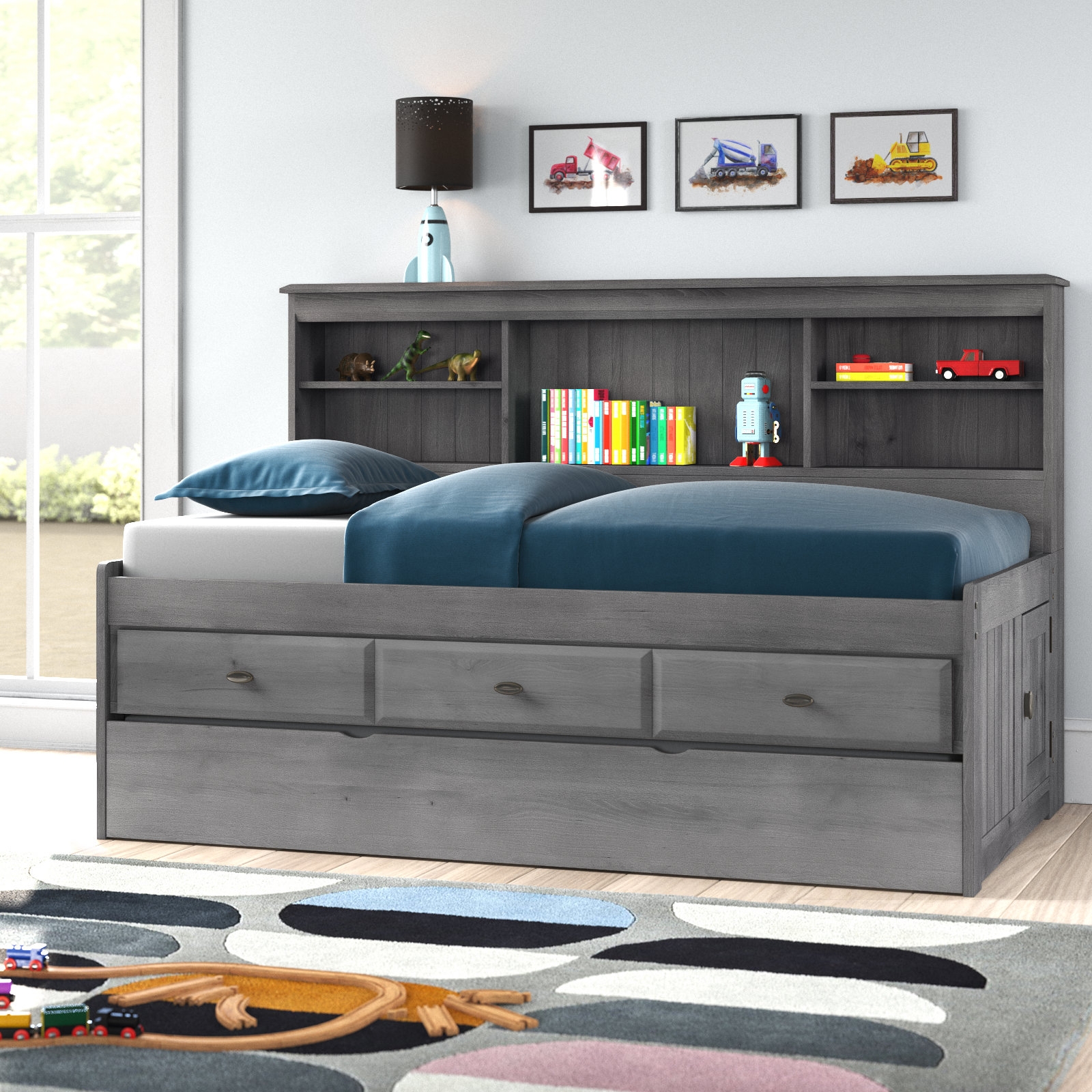 Daybed Gray Wash Finish Kids Storage Bed With Trundle