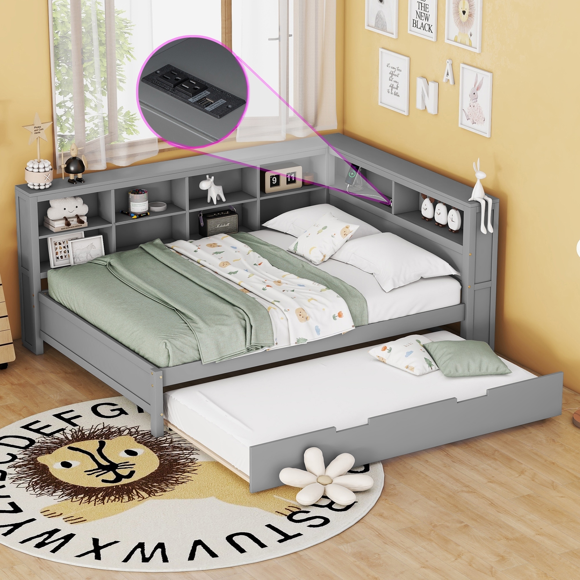Daybed Integrated Charging Station Bookcase Bed Frame