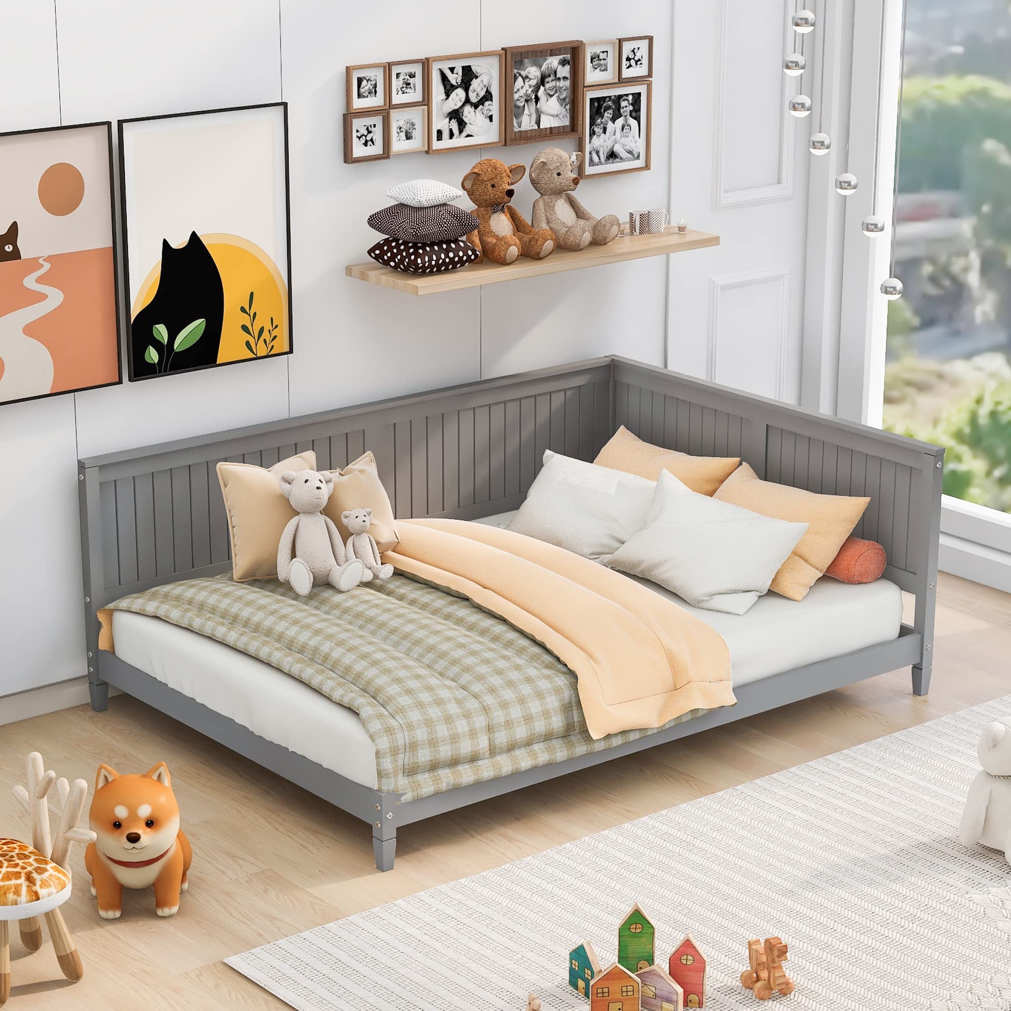 Daybed: L-Shaped Frame with Vertical Slats in Gray