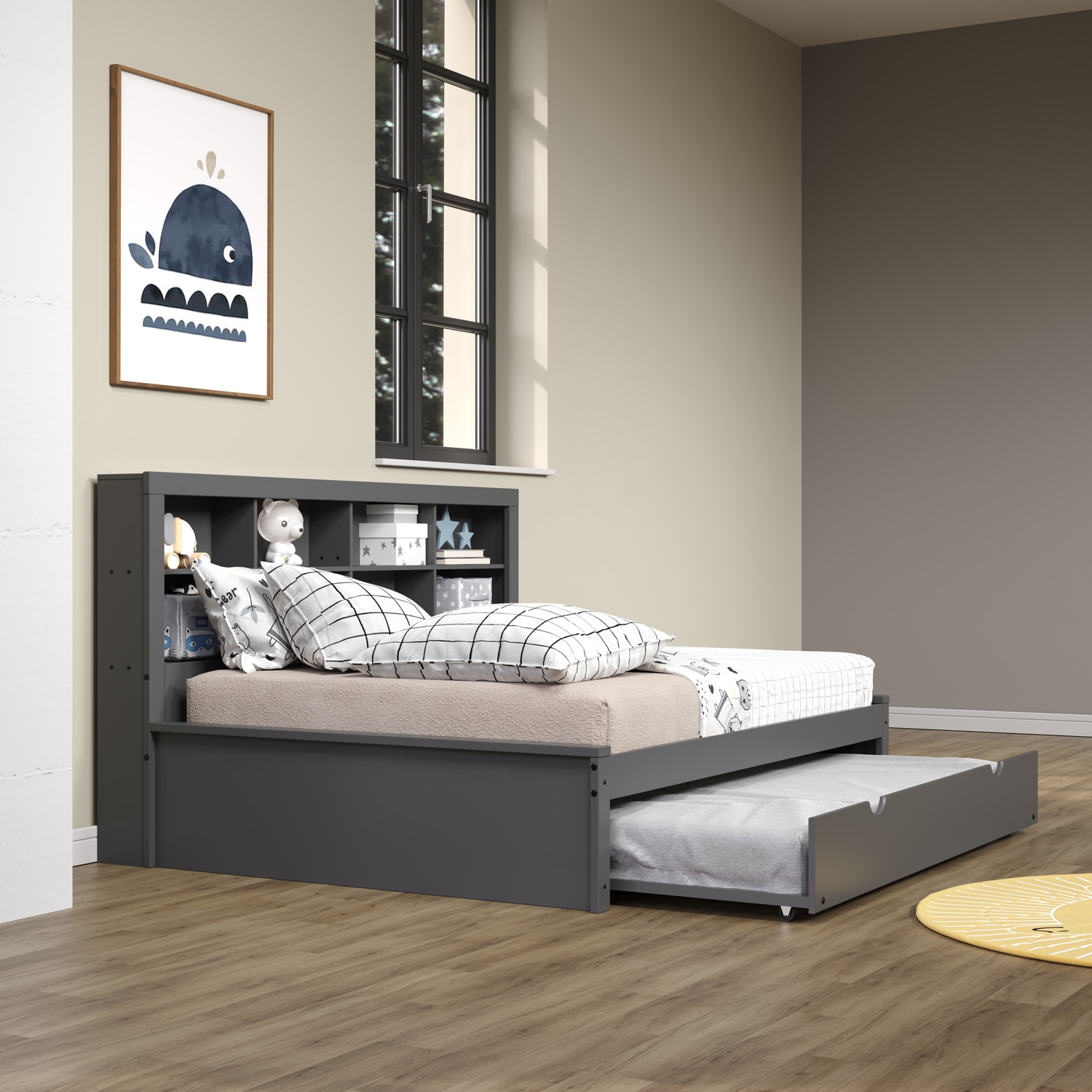 Daybed Rolling Casters Dark Grey Full Size Trundle