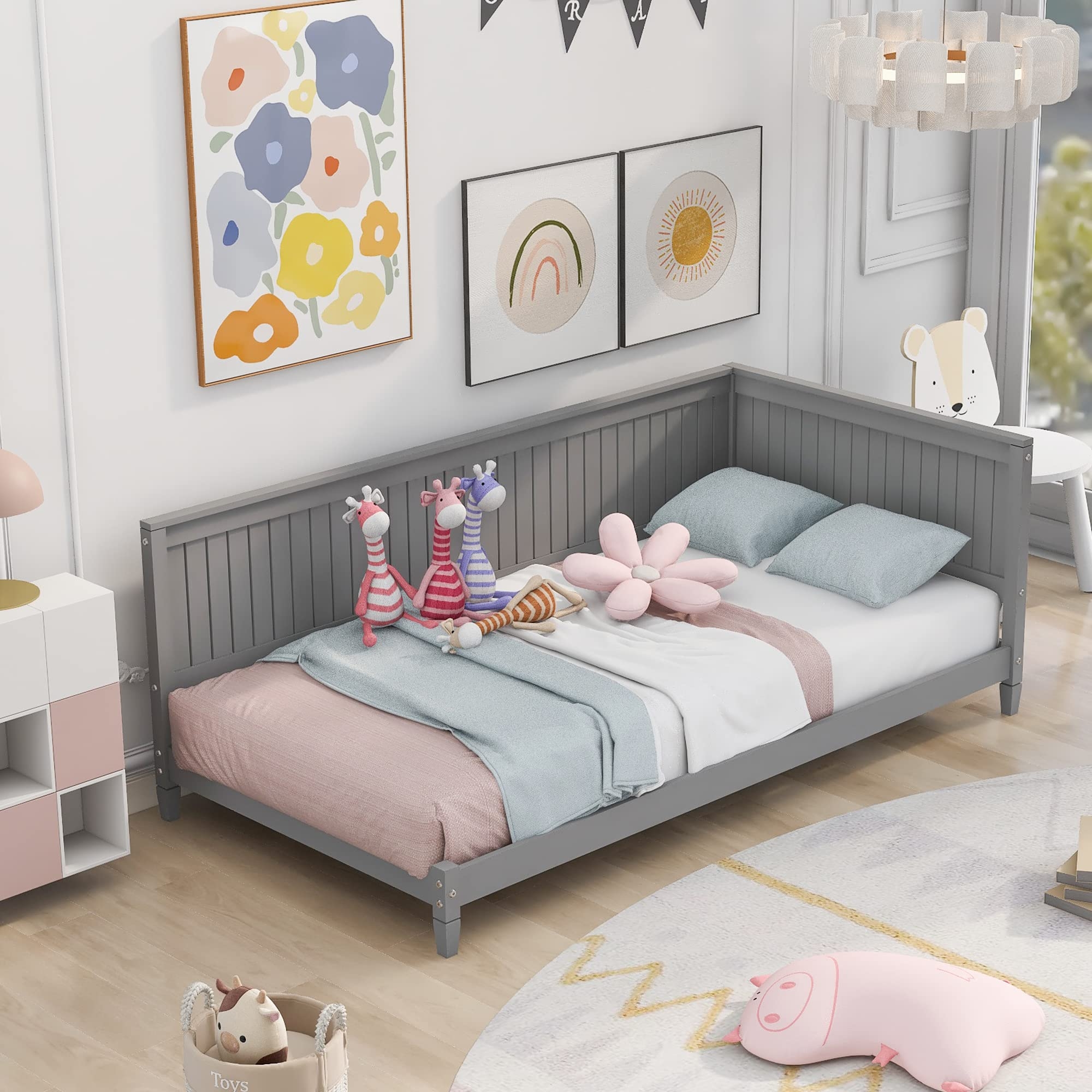 Daybed: Slatted Backrest Corner Gray Wood Bed Frame