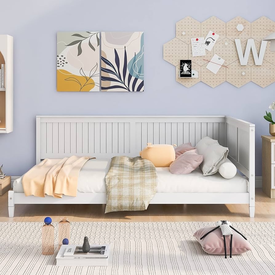 Daybed: Slatted Corner Frame White Wood Finish Bed