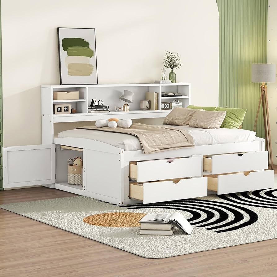 Daybed White Side Access Cabinet Bookcase Captains Bed