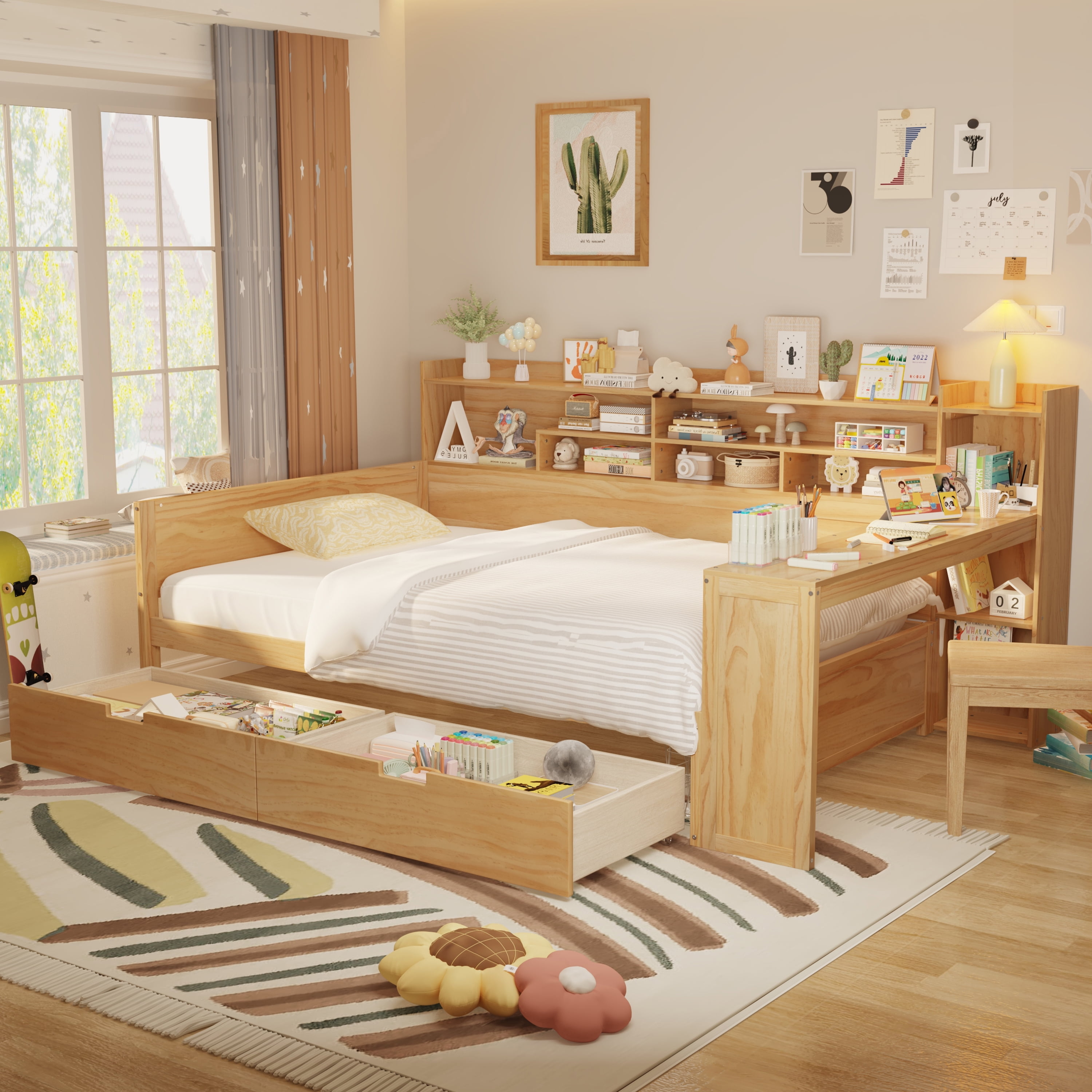 Daybed With Desk Wood Bookcase Workstation Bed
