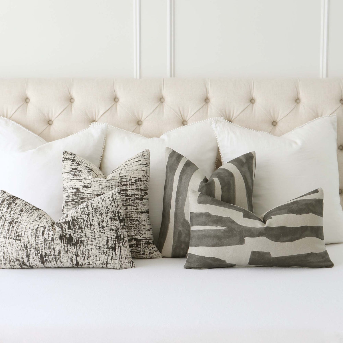 Decorative Pillows Painterly Stripes Pom Pom Trim Silver