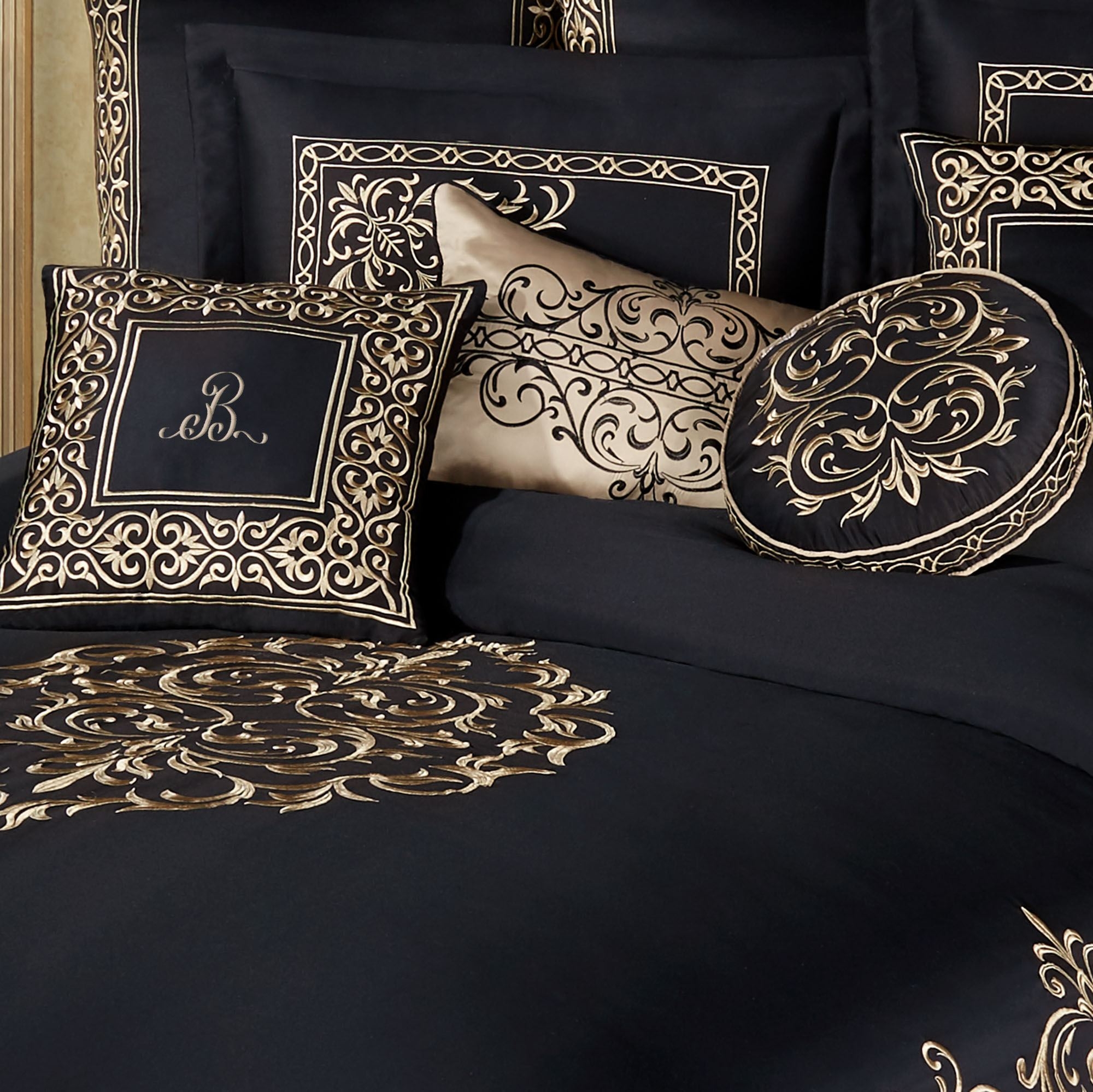 Decorative Pillows with Gold Monogram and Piped Edges