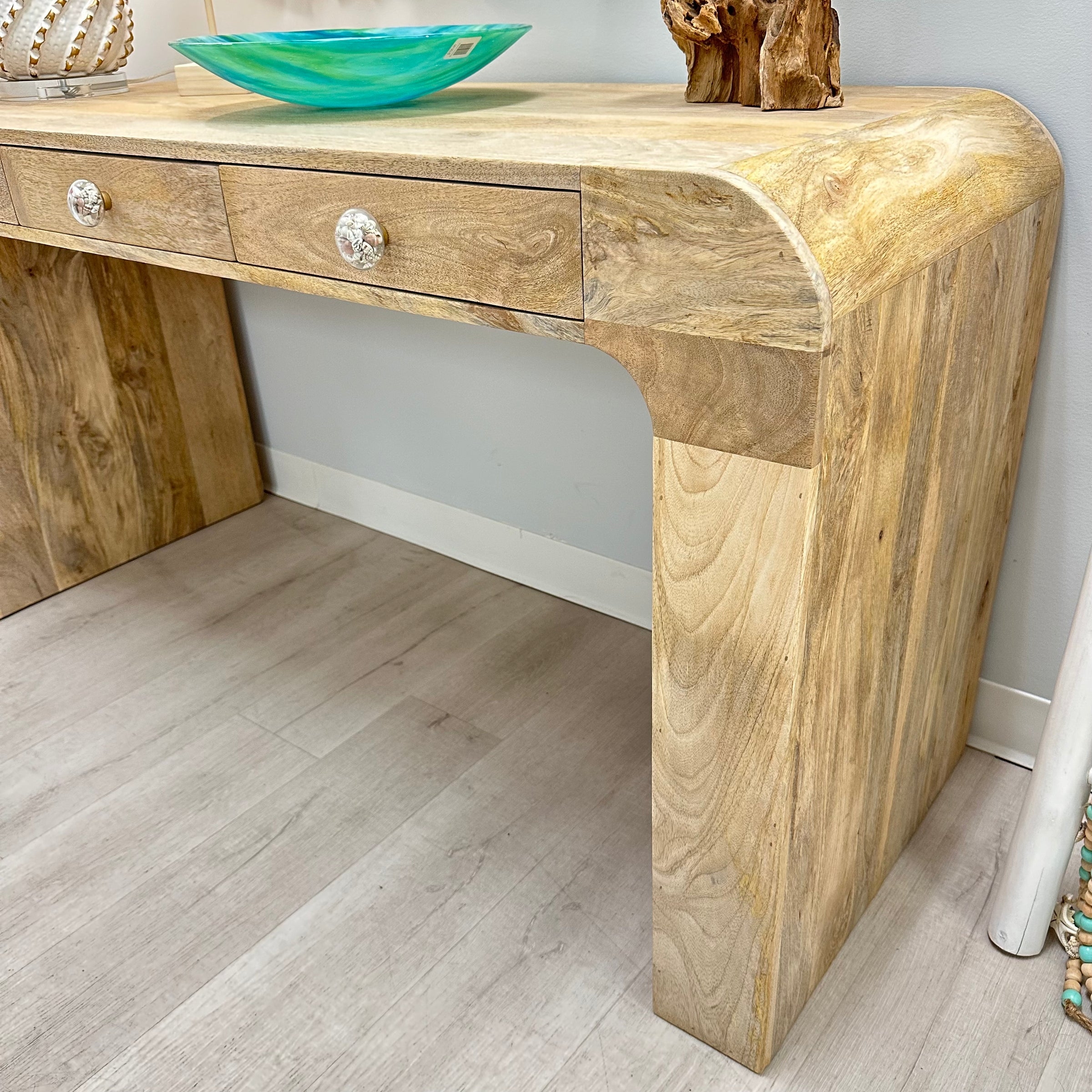 Desk featuring Waterfall Edges and Faceted Glass Knobs