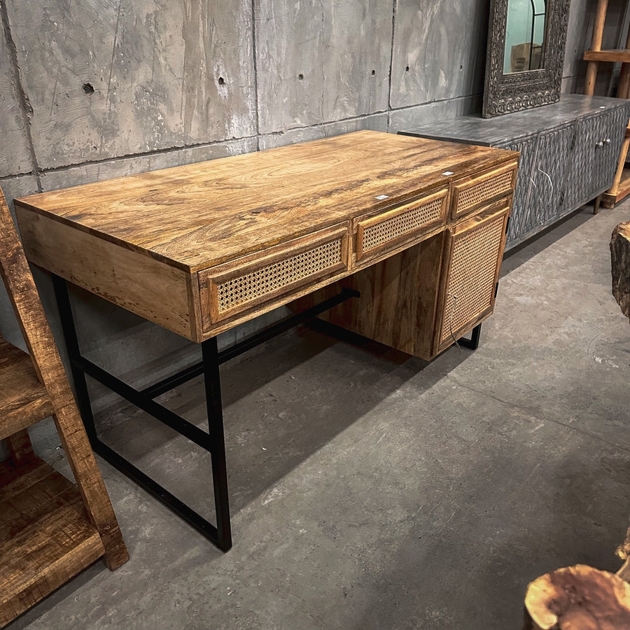 Desk: Woven Rattan Panels and Industrial Metal Frame