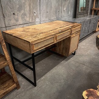 Desk: Woven Rattan Panels and Industrial Metal Frame
