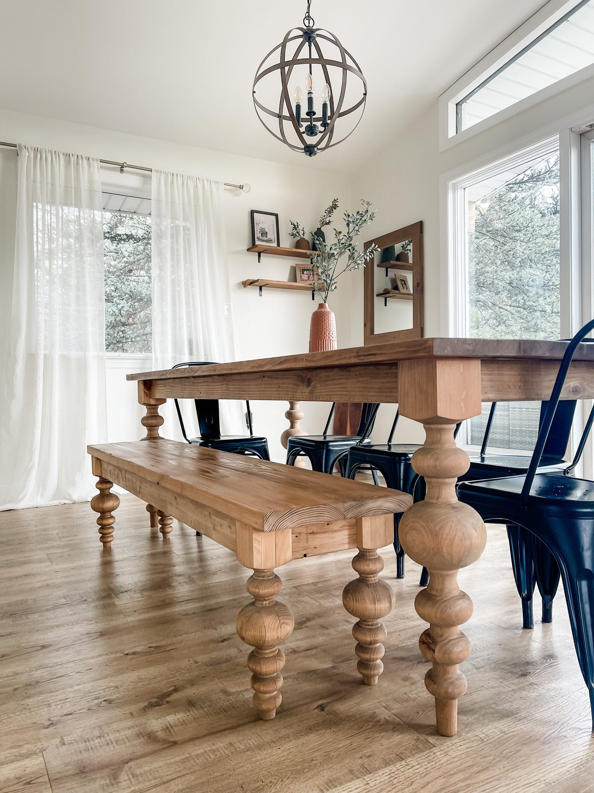 Dining Bench: Chunky Bobbin Leg Bench with Natural Wood