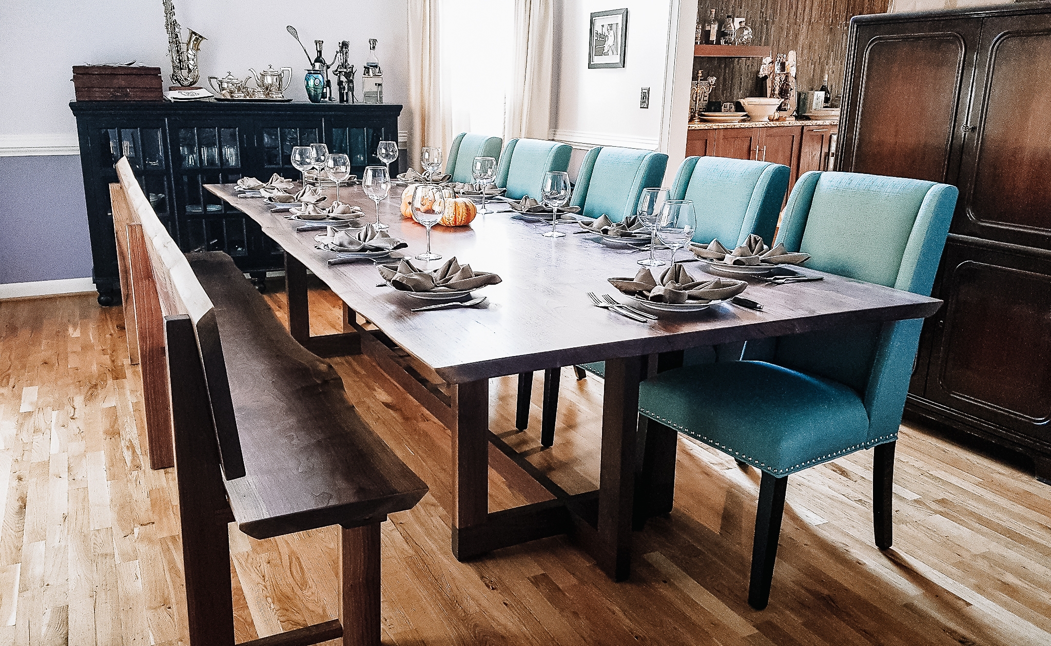 Dining Bench Teal Upholstery Live Edge With Backrest