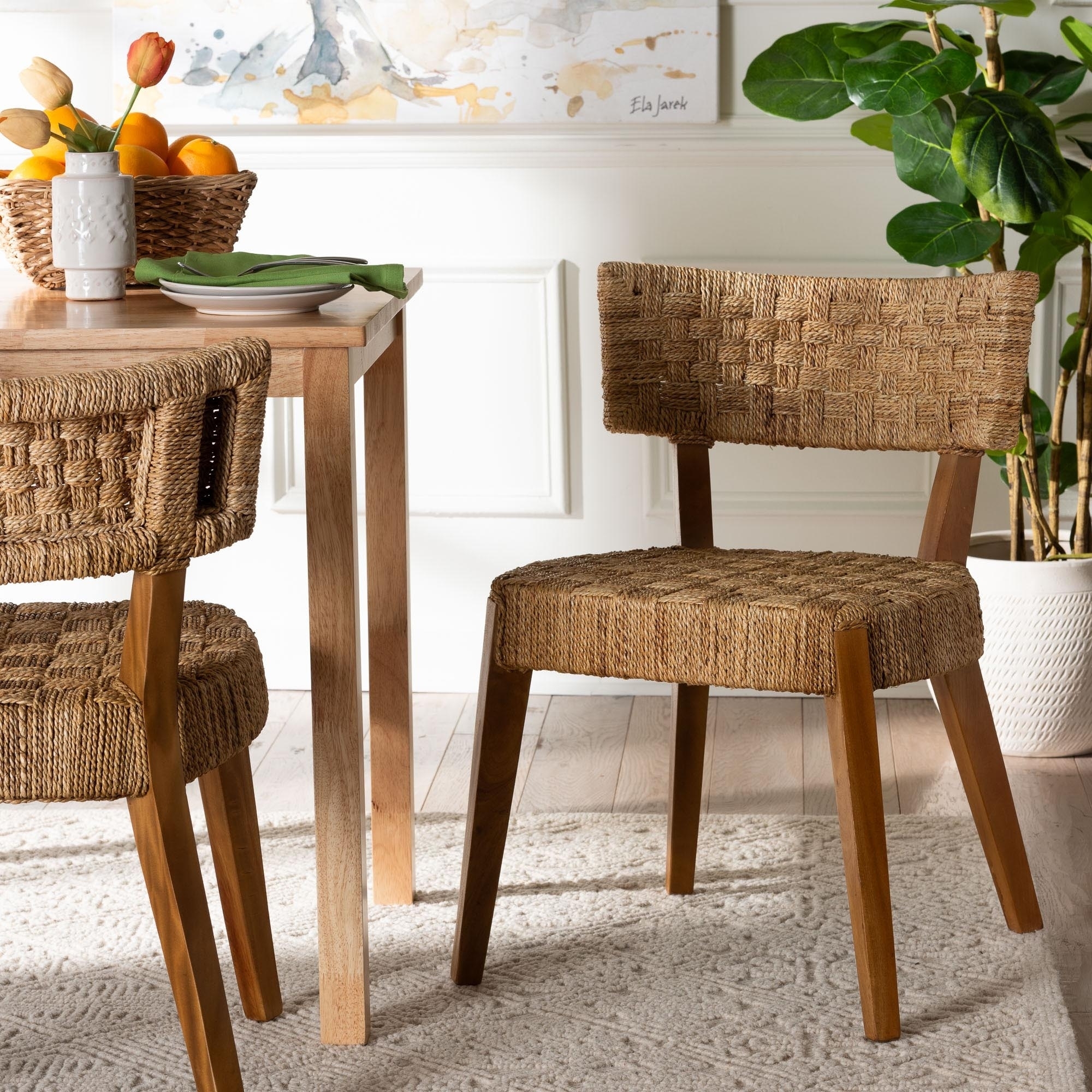 Dining Chair Basket Weave Backrest Mahogany Frame