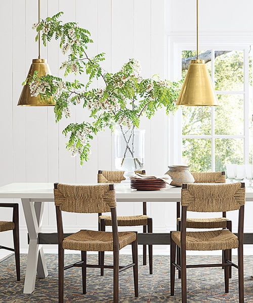 Dining Chair Brass Cone Pendants Dark Wood Support