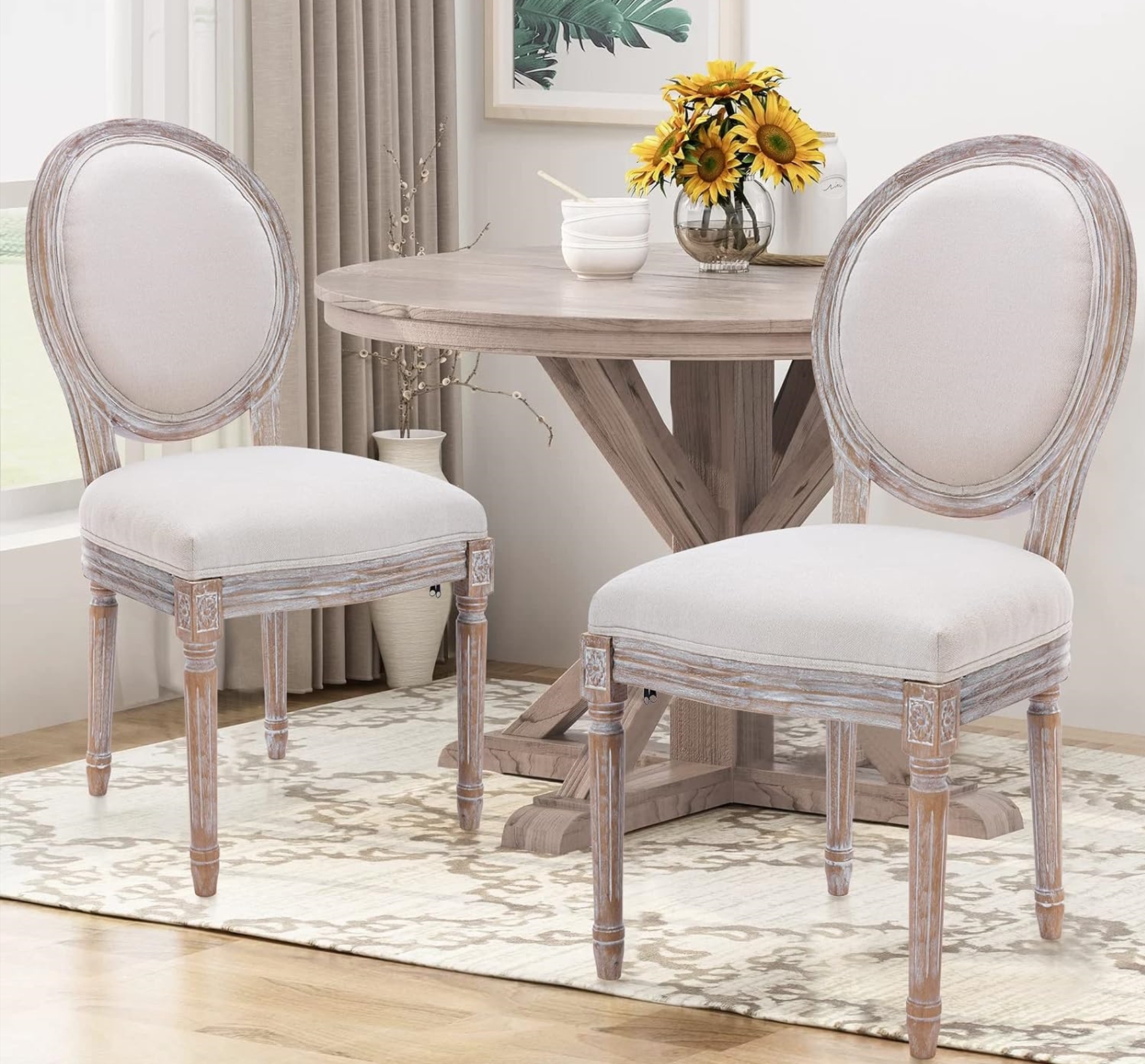 Dining Chair Distressed Whitewash Oval Back Vintage Farmhouse Seating