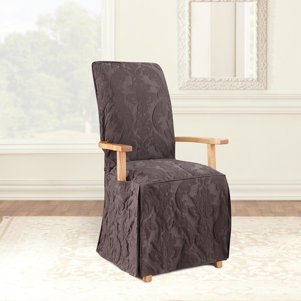 Dining Chair Espresso Brown Damask Matelasse Armrest Cutouts