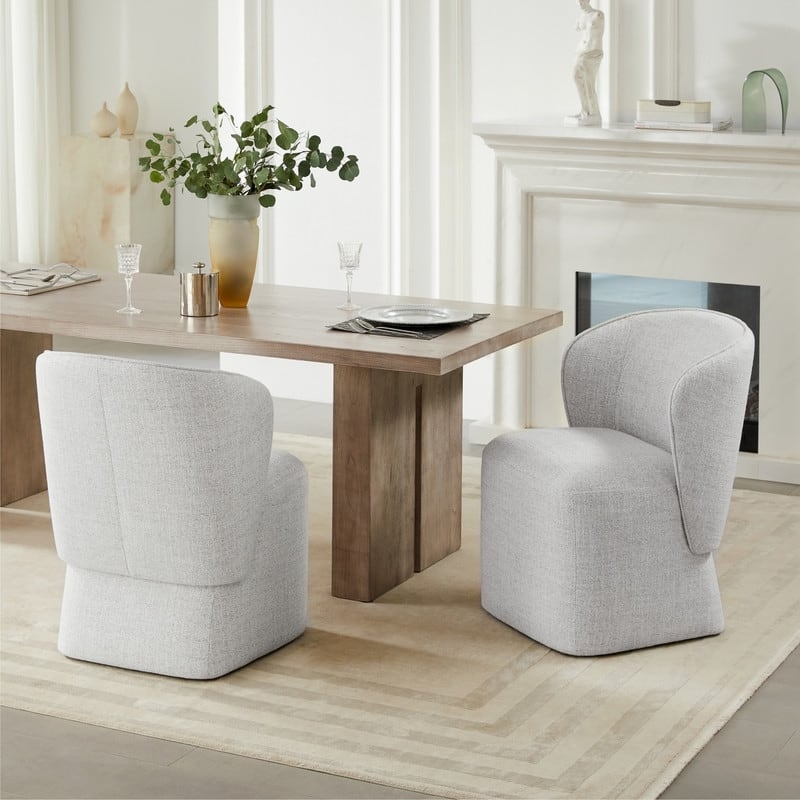 Dining Chair Hidden Casters Grey Fabric Contemporary Barrel Back Chair