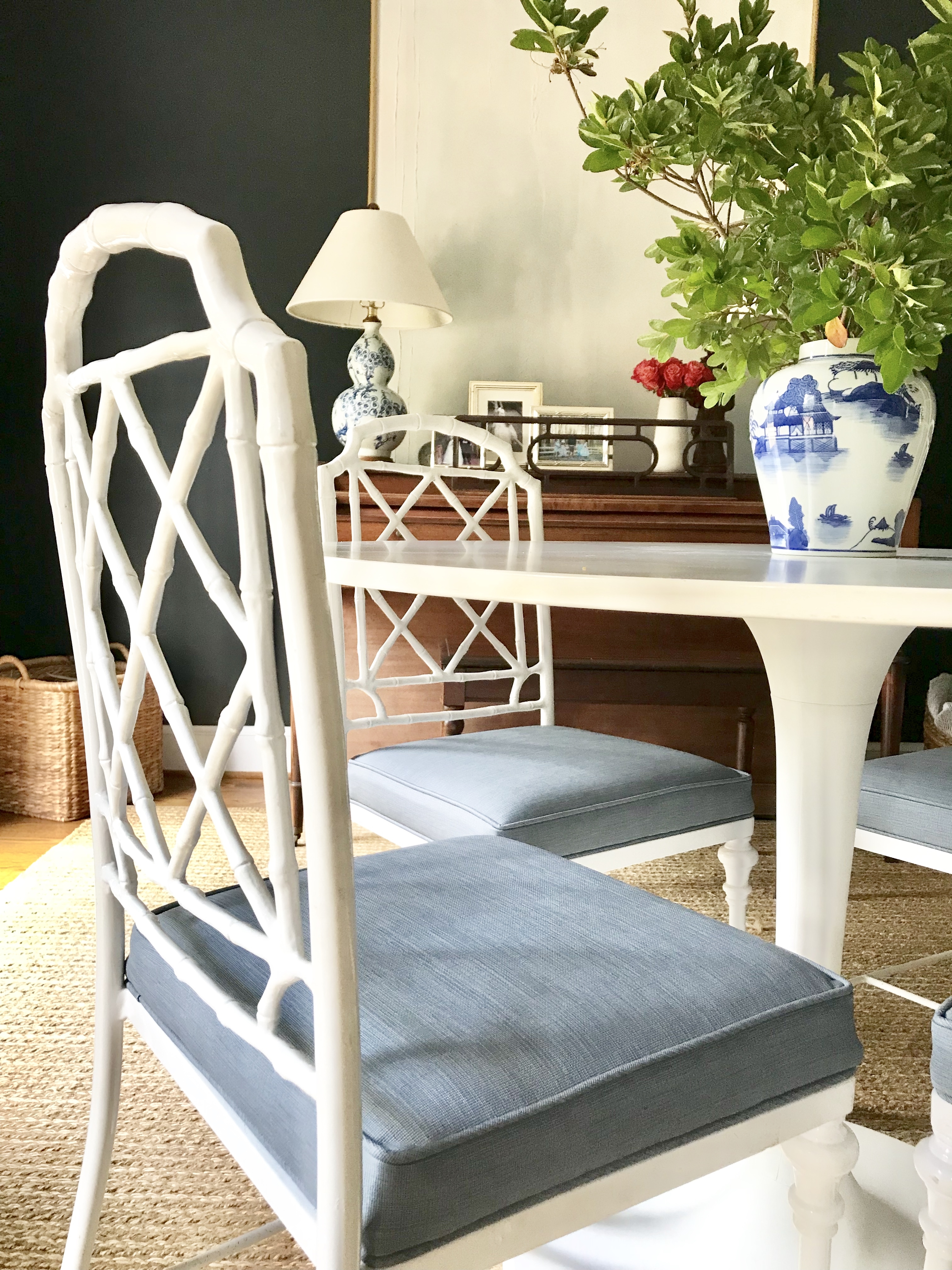 Dining Chair Slate Blue Cushion Chippendale Bamboo Chair White