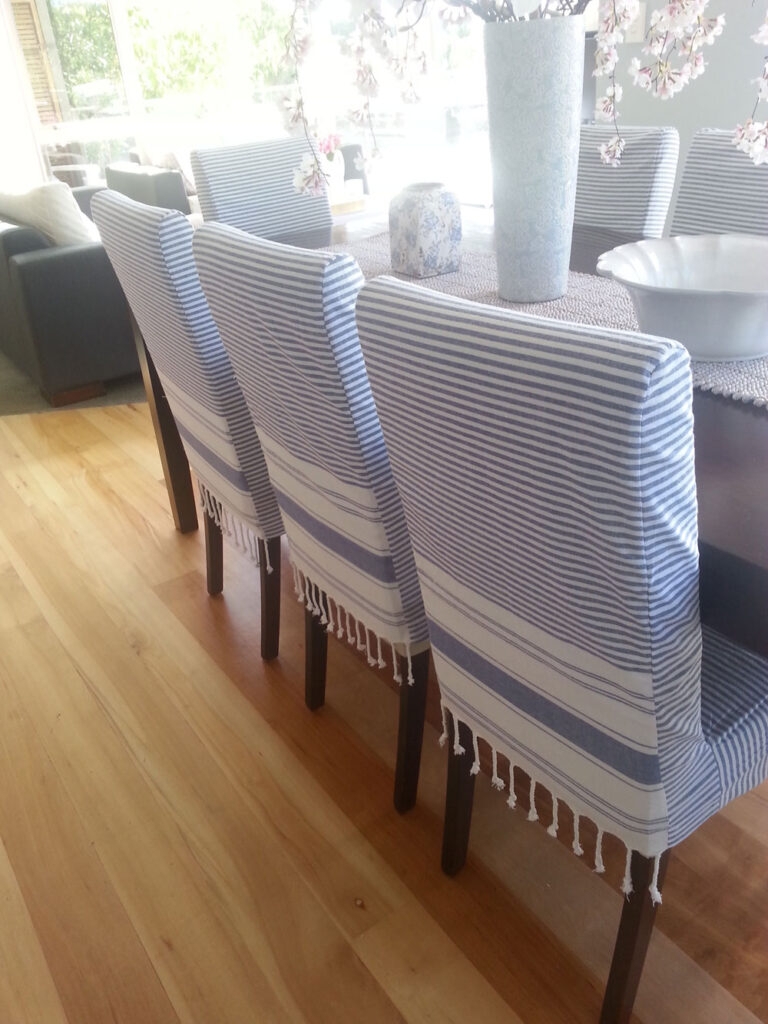 Dining Chair Slipcover Nautical Blue Tassel Fringe Stripes