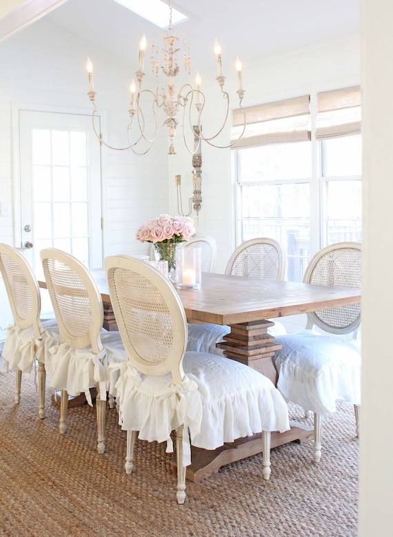 Dining Chair Slipcover Ruffled Linen Cane Back with Bow Ties