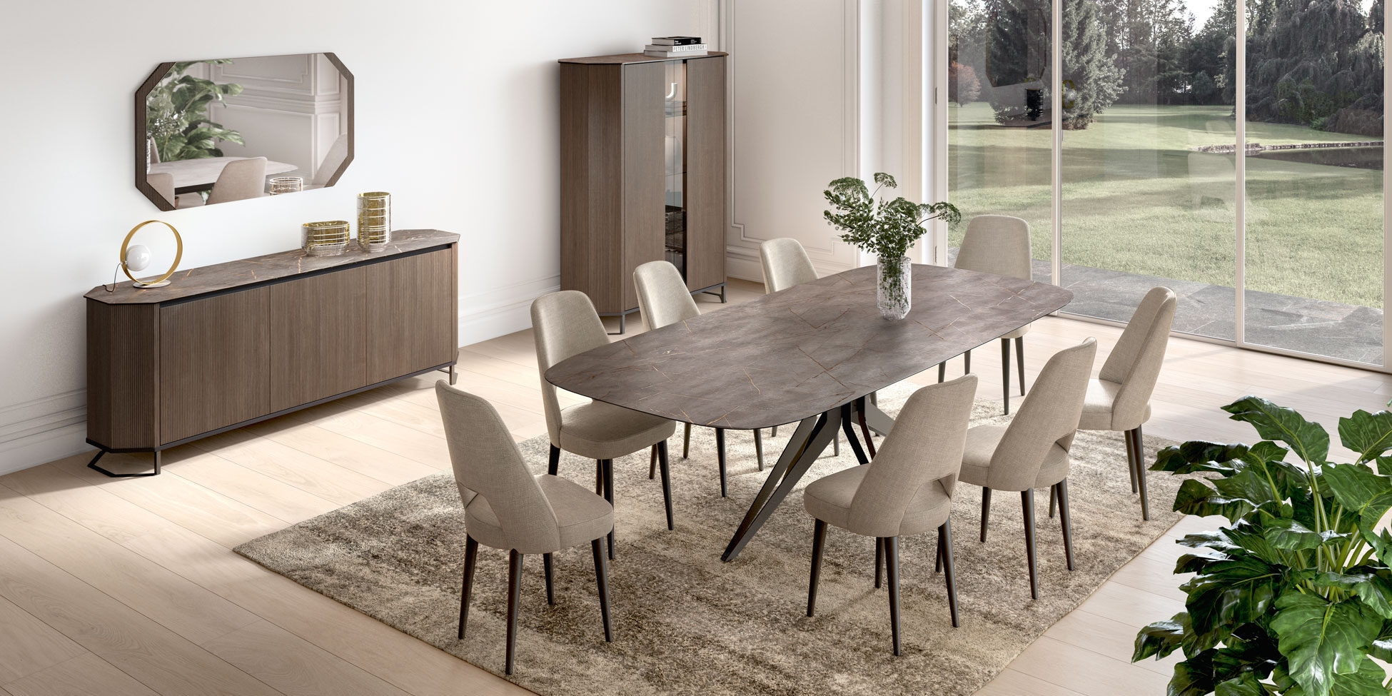 Dining Room Set: Boat Shaped Table and Angled Metal Base