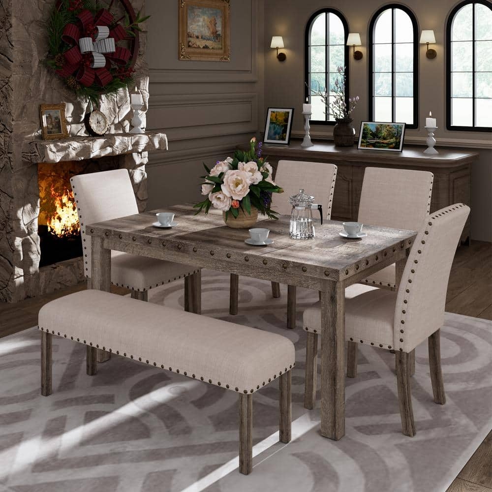Dining Room Set Nailhead Trim Distressed Wood Tone Bench