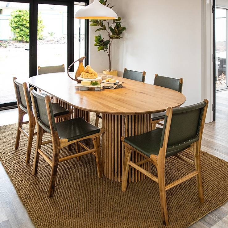 Dining Room Set Slatted Pedestal Olive Green Leather Chairs