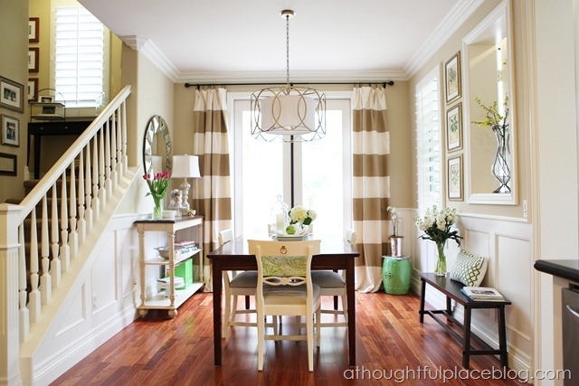 Dining Room Set: Striped Curtains White Wainscoting